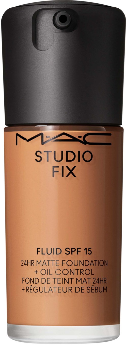 A foundation bottle with black cap, labeled MAC Studio Fix, SPF 15, matte finish, oil control, 24-hour wear.