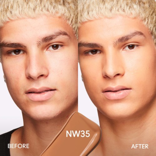 A side-by-side comparison of a young man before and after using a foundation labeled NW35.