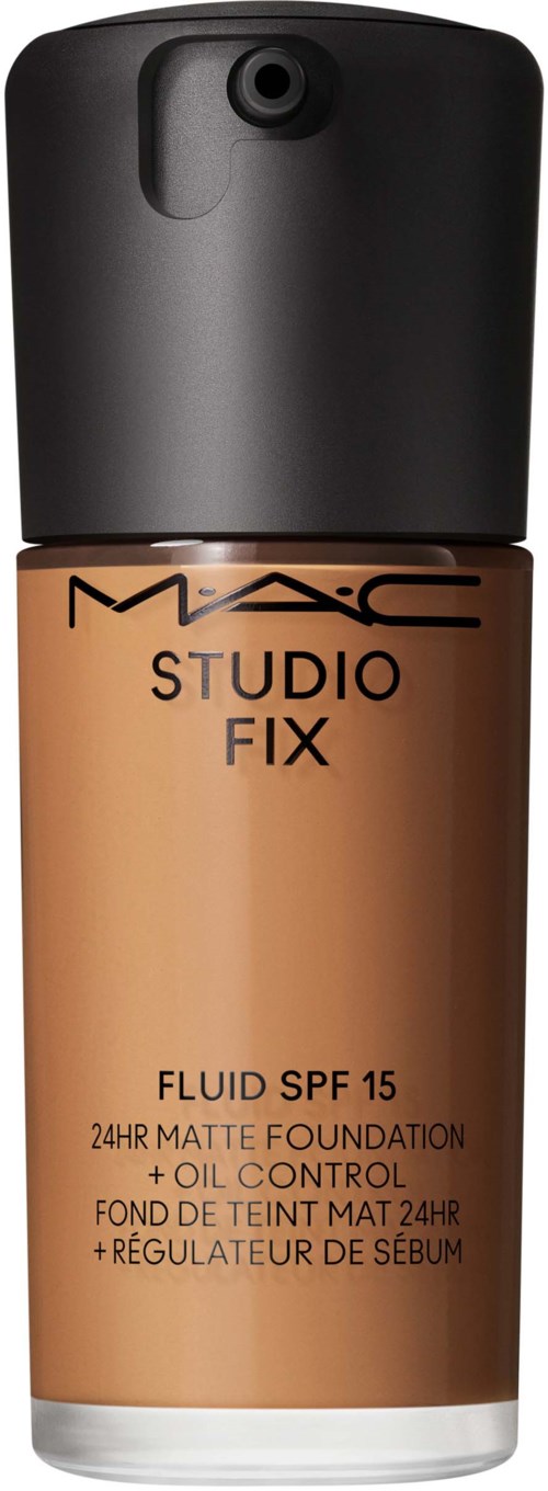 Foundation bottle with black cap, labeled MAC Studio Fix, SPF 15, matte finish, oil control, for 24-hour wear.