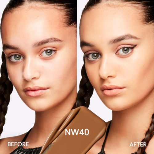 A woman shows makeup change with two photos, labeled before and after, with a foundation shade NW40. She has braided hair.