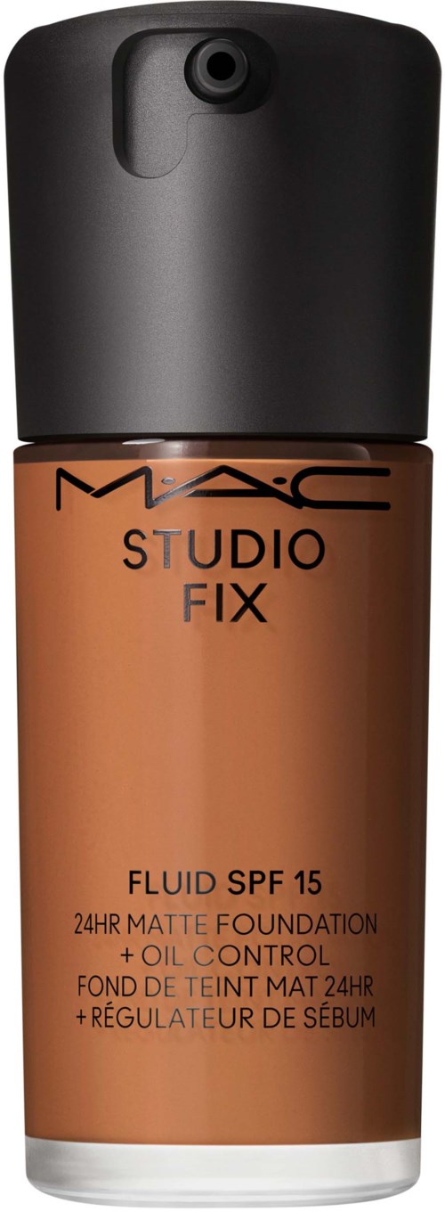 A bottle of MAC Studio Fix liquid foundation with SPF 15, oil control, and matte finish.