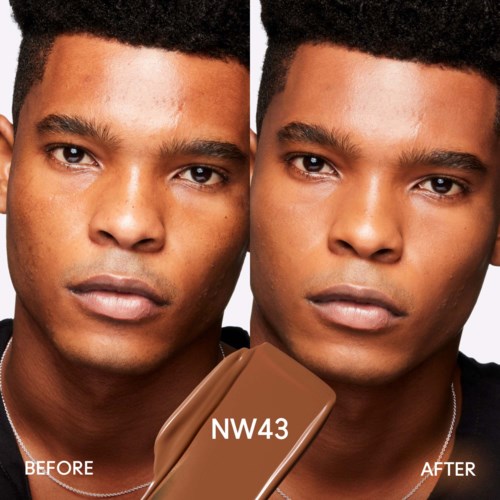 A man shows a before-and-after comparison of skin improvement using foundation, specifically shade NW43. Before and after images highlight clearer skin.