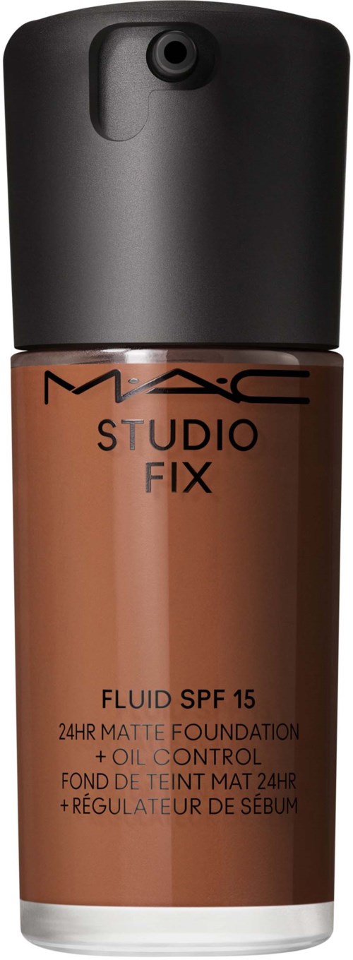 A bottle of MAC Studio Fix liquid foundation with SPF 15, designed for matte finish and oil control.