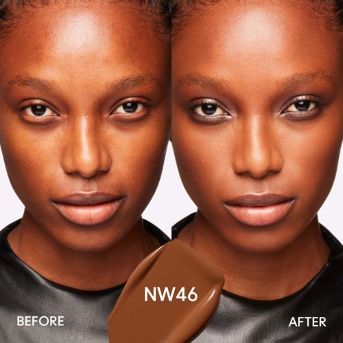 Side-by-side comparison showing skin before and after makeup or skincare improvement.