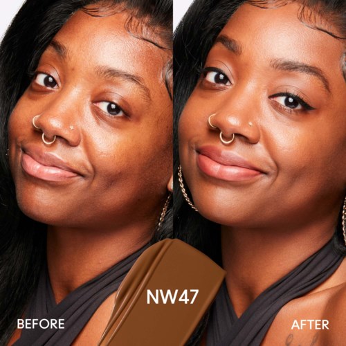Two side-by-side photos of a woman showing improved skin tone after makeup or skincare, labeled 'Before' and 'After'.