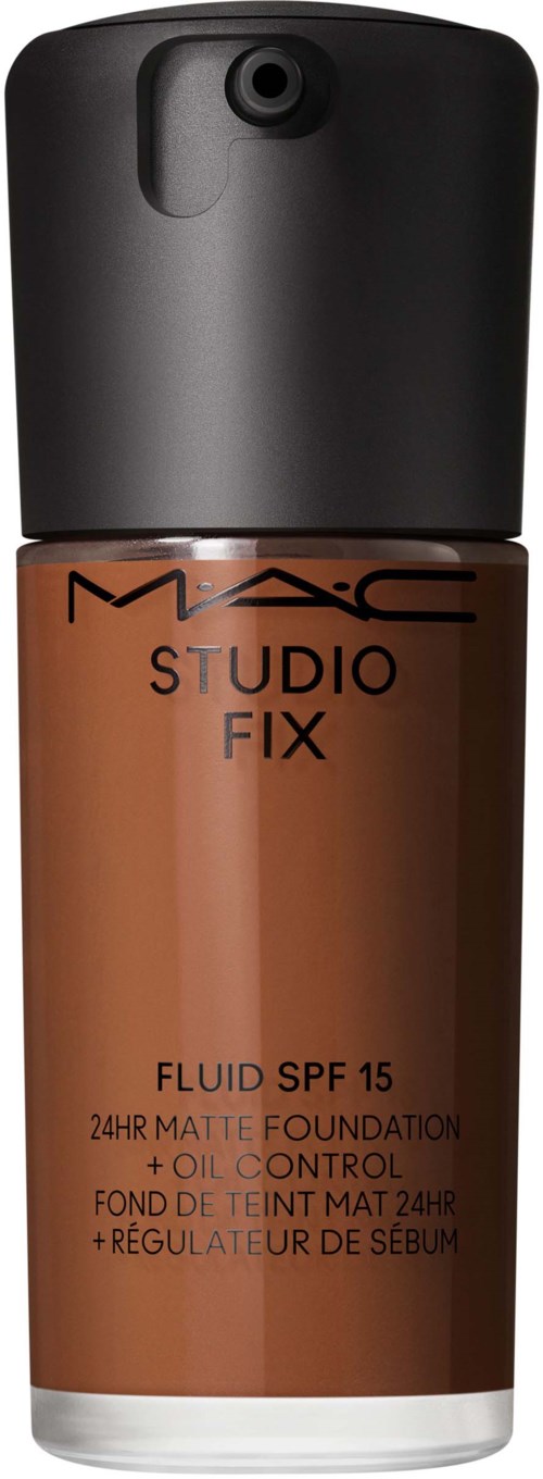 A bottle of MAC Studio Fix foundation with SPF 15 and oil control, in a brown shade, with a black cap.