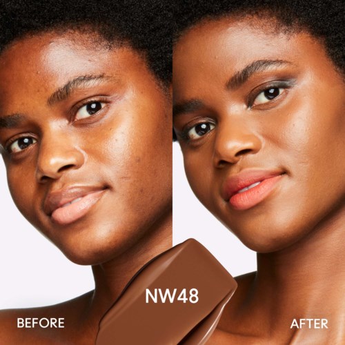 Two women with clear skin, one before and one after using a beauty product, showcasing skin improvement.
