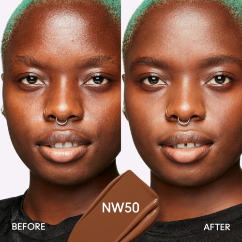 Side-by-side comparison of skin before and after applying NW50 foundation for a smoother look.