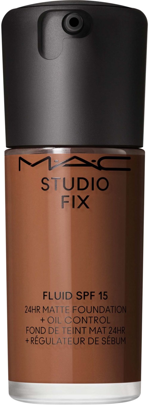 A bottle of MAC Studio Fix Foundation with SPF 15, matte finish, oil control, 24-hour wear, in a brown container.