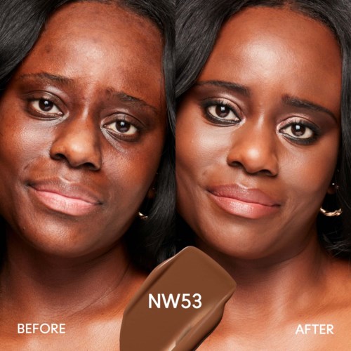 Two women show a before and after makeup transformation with darker skin tone. One looks tired, the other refreshed.