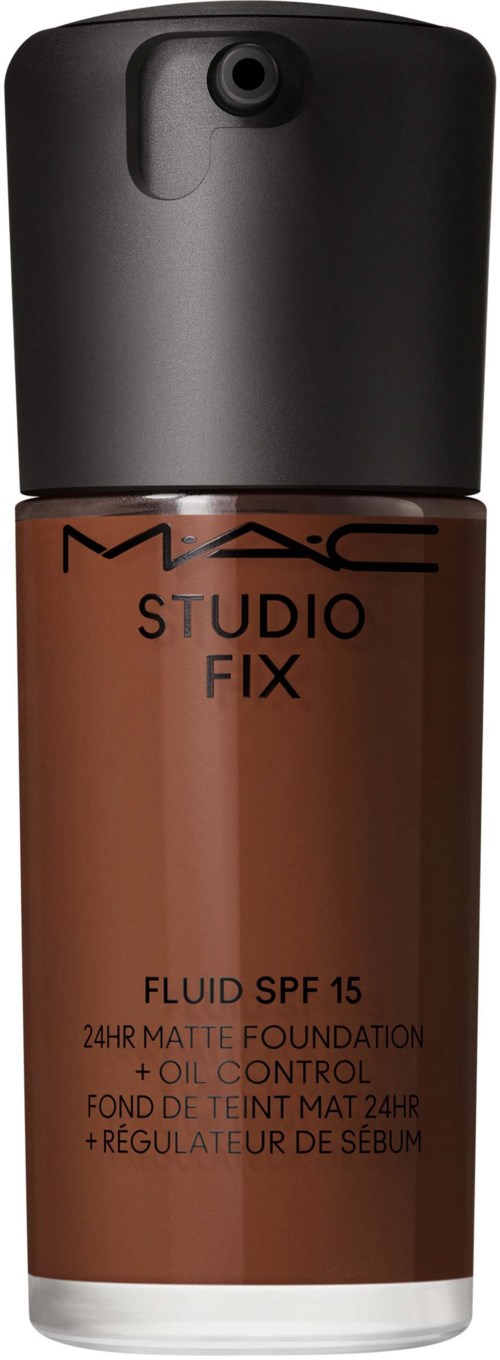 A bottle of MAC Studio Fix foundation with SPF 15, oil control, and matte finish. Black cap and brown bottle.
