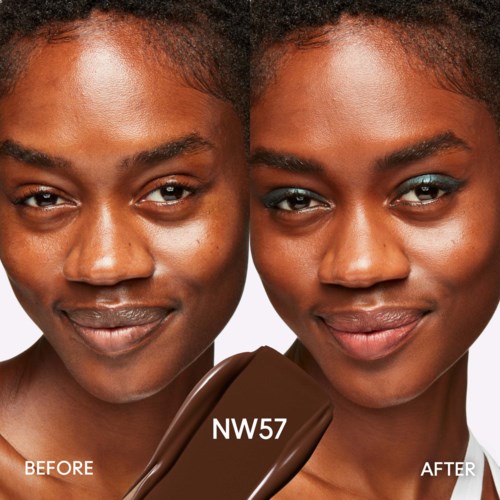 Showcasing a woman with two different skin tones before and after makeup or photo editing, with a product labeled NW57.
