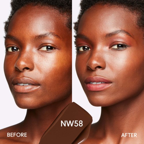 A woman with dark skin shows a clear difference in skin tone before and after using makeup, labeled NW58 foundation.