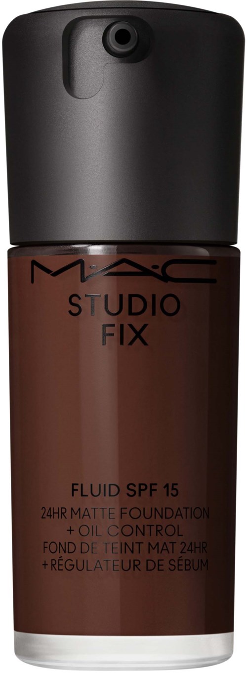 A brown bottle of MAC Studio Fix liquid foundation with a black cap, spf 15, for matte skin and oil control.