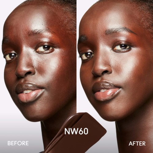 A before and after photo showing skin improvement with NW60 makeup shade. The skin looks smoother and more even.