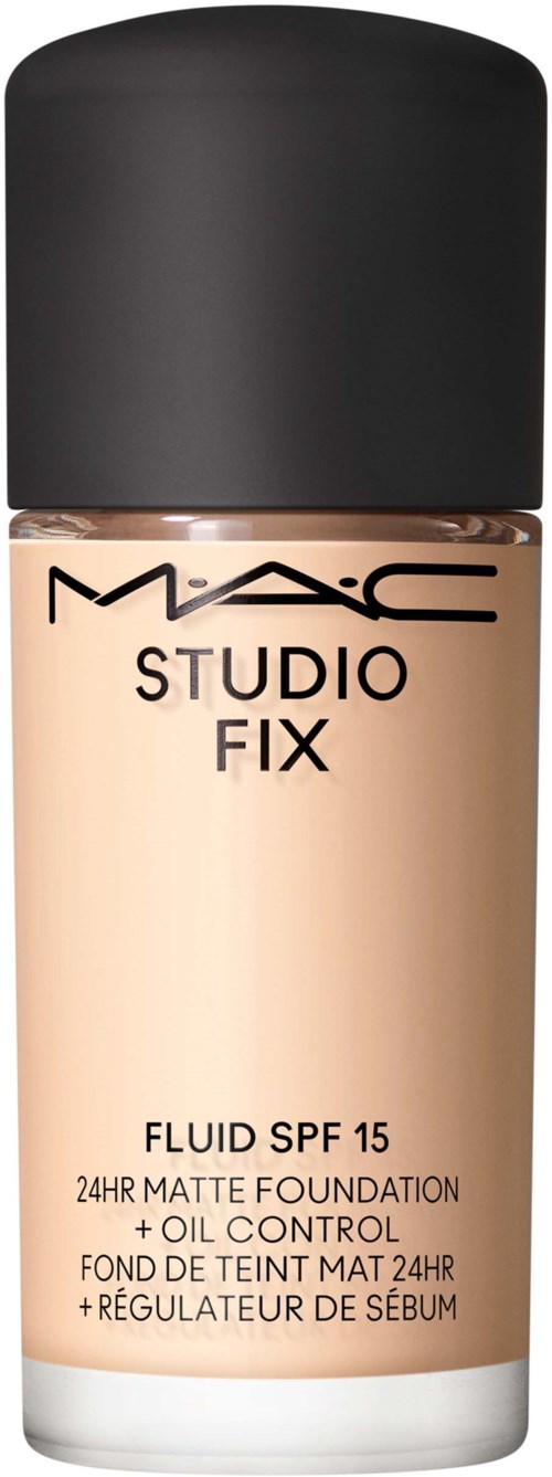 MAC Studio Fix Foundation-flaske med SPF 15, oljekontroll og matt finish, i beige flytende foundation.