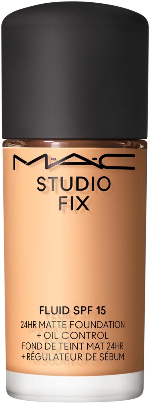 En flaske med MAC Studio Fix foundation med SPF 15, med svart lokk og beige væske inni.
