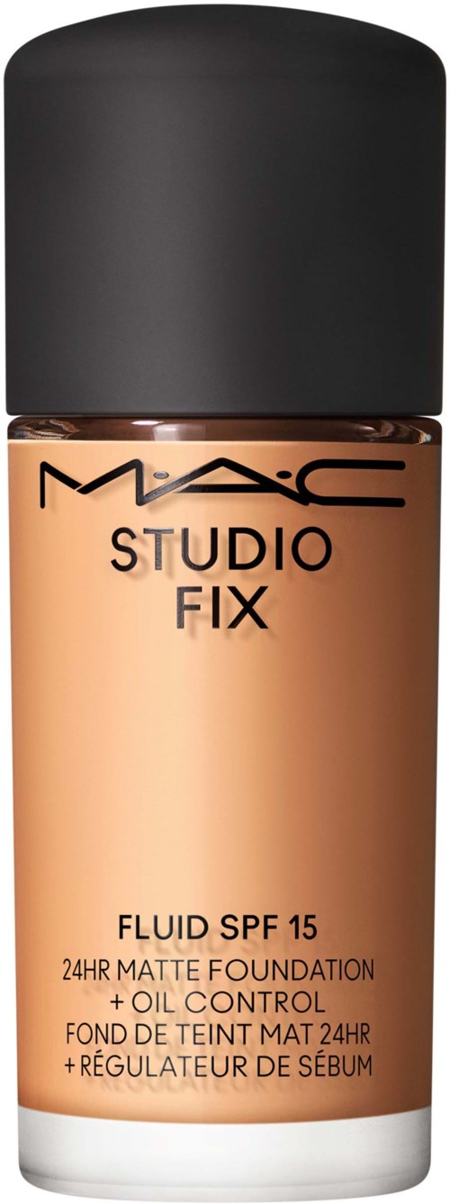 MAC Studio Fix Fluid SPF 15 foundationflaske med svart lokk, viser produktnavn og detaljer.
