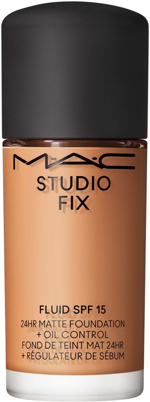 Foundationflaske med svart lokk, merket MAC Studio Fix Fluid SPF 15, 24-timers matt finish, olje kontroll.