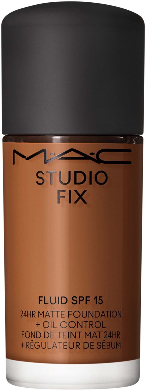 En flaske MAC Studio Fix flytende foundation med SPF 15, matt finish, oljekontroll og beige emballasje.