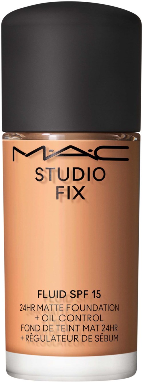MAC Studio Fix Foundation flaske med SPF 15, matt finish, oljekontroll, beige farge, minimalistisk design.