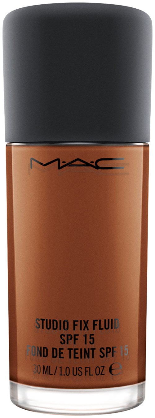 En flaska MAC Studio Fix Fluid foundation med SPF 15 i brun eller beige färg.