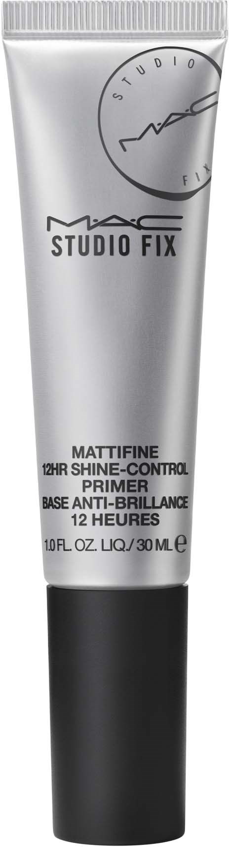 A silver tube of MAC Studio Fix primer with black cap, labeled as matte finish and shine-control, 30 ml.
