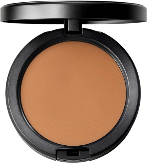 A compact makeup case with pressed powder inside and a small mirror attached to the lid.