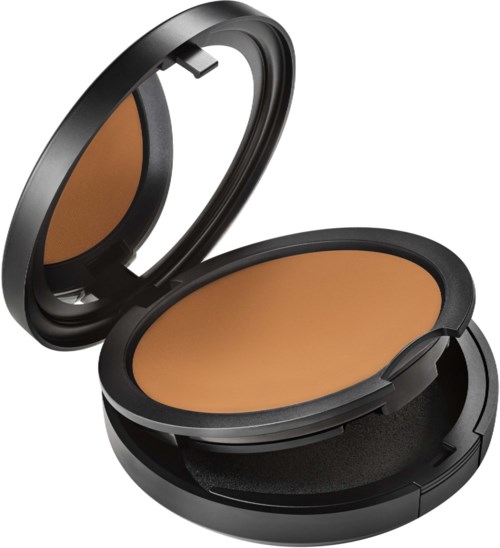 A compact makeup powder case with a mirror, containing light brown pressed powder inside.