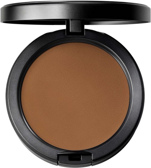 A round makeup compact with brown powder inside and a lid on top.