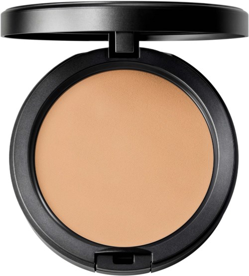 A compact black makeup container with a beige pressed powder inside and a lid open.