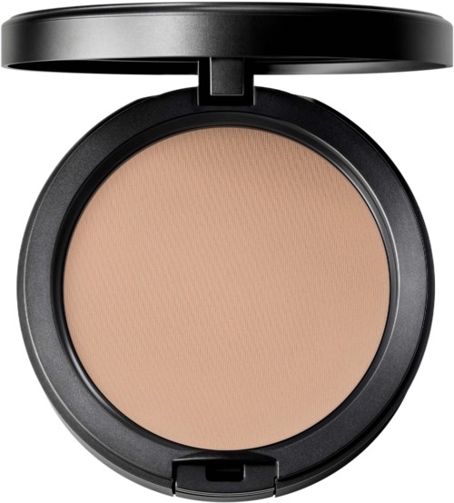 A compact makeup product with a beige pressed powder and a black case with a lid.