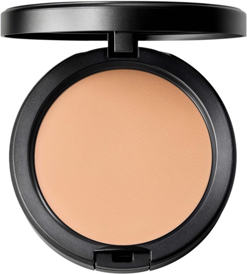 A black compact case containing beige pressed powder with a flip lid.