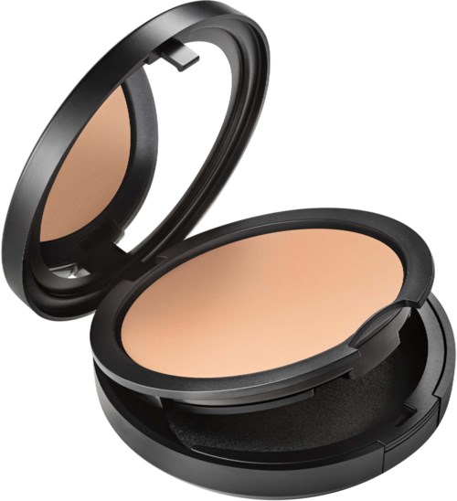 A compact makeup powder case with a mirror, containing beige pressed powder for face.