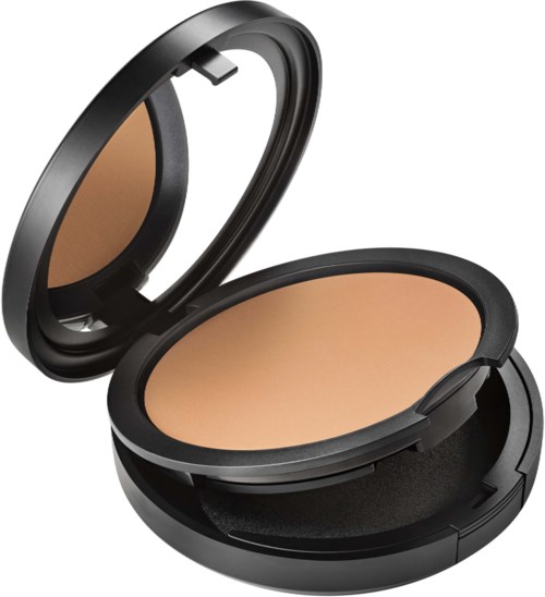 A compact makeup face powder with a mirror inside, in a black round case.