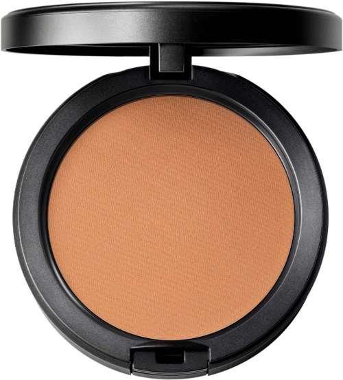 A compact round makeup case with a lid showing pressed powder in light brown color.