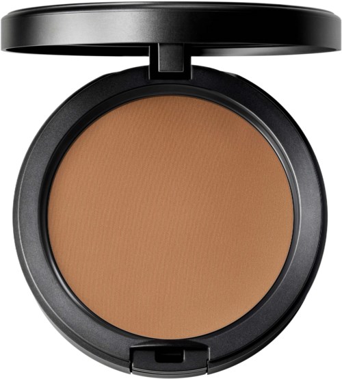 A compact with brown pressed powder and a black lid, open to show the makeup inside.