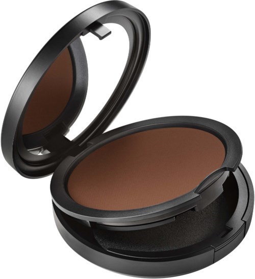 A compact makeup powder case with a mirror, containing brown powder and a small mirror inside the lid.