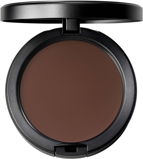 A round brown makeup blush in a black case with a flip lid.