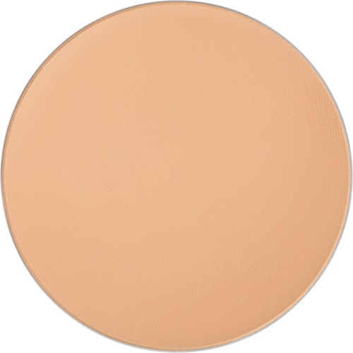 En beige trykket pudderkompakt med glatt overflate og sølvkant.