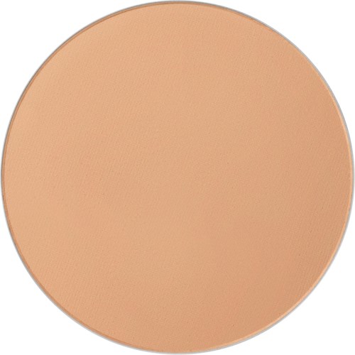 A round compact with beige powder for makeup inside. It has a smooth, matte surface.