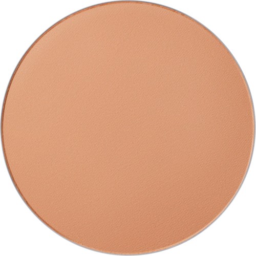 Et beige kompakt makeup-pudder i en rund beholder.