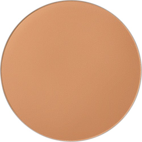 A large, round makeup pressed powder compact in a light beige or sand color.