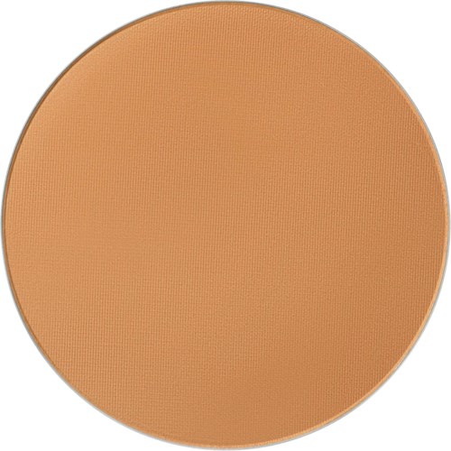 En rund sminkecompakt med beige pudder inni.
