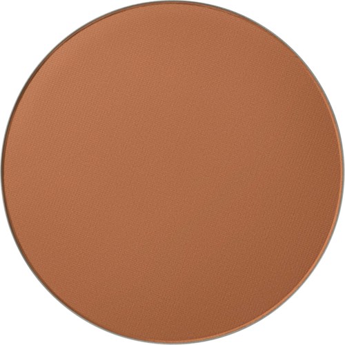 En rund bronzer-kompakt med lysbrunt sminkeinnhold.