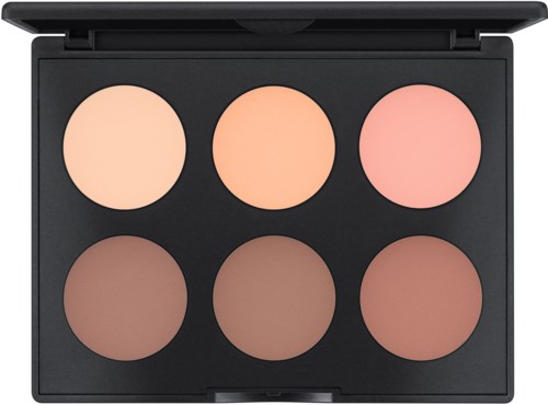 A makeup palette with six shades in different skin tones, from light to dark, in a black case.