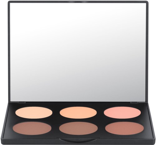 A makeup palette with six different shades and a large mirror inside the lid.