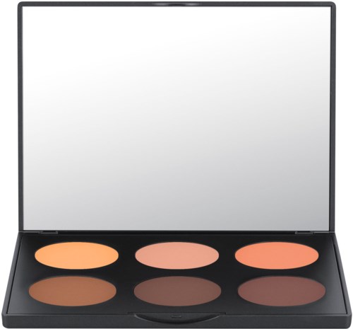 A makeup palette with six shades of brown, peach, and pink in a black case with mirror.