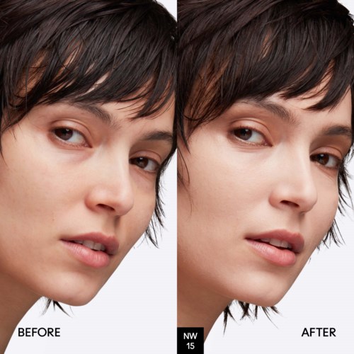 A side-by-side comparison of a woman's face before and after a possible beauty treatment. She has short dark hair and a light complexion.
