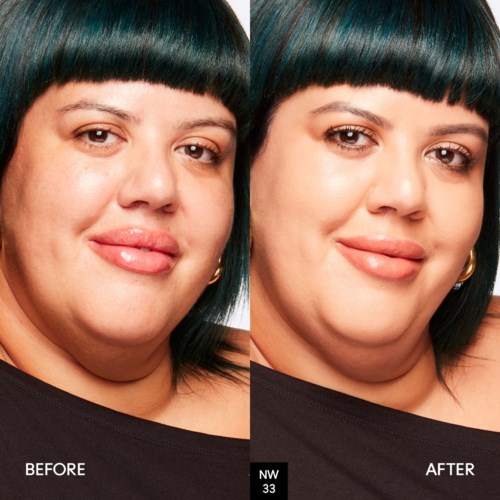 Sidobyggd jämförelse visar en kvinnas ansikte före och efter makeup, med slätare hud och förbättrade drag.